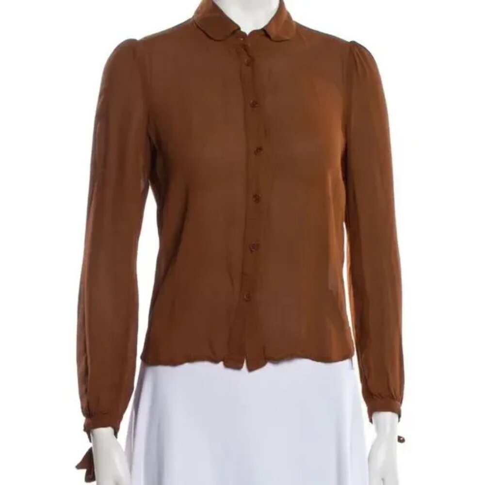 REFORMATION Long Sleeve Button Up Sheer Top Bow Cuffs Women's XS Rich Brown